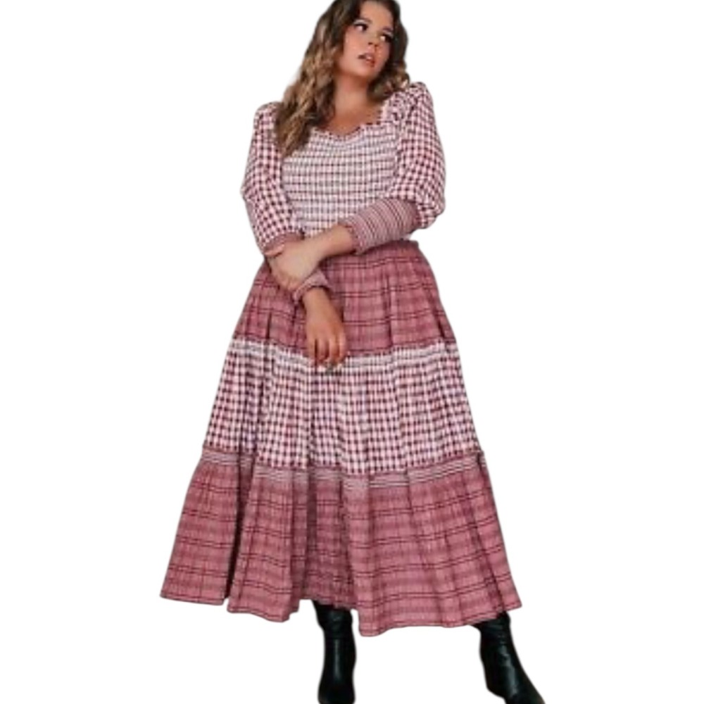 JessaKae Pink Plaid Tiered Maxi Dress